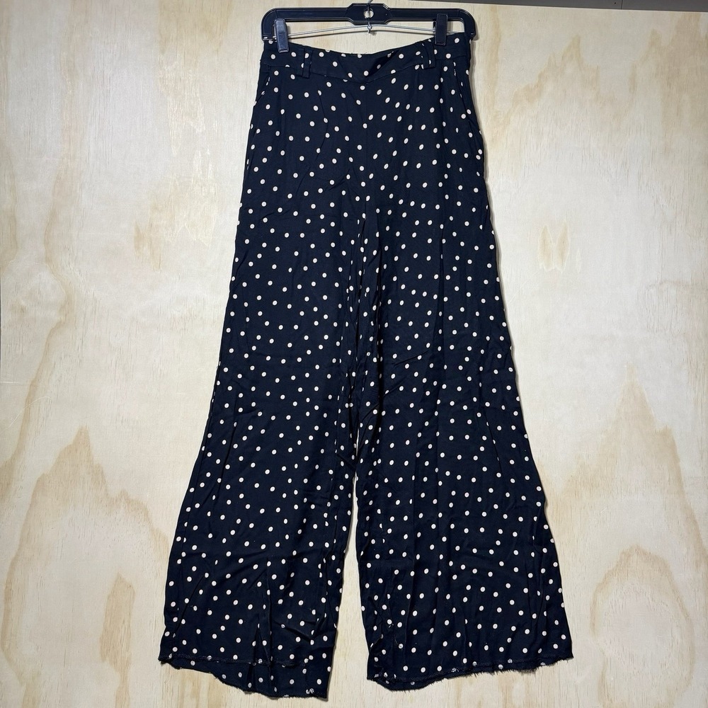 H&M Polka Dot‎ Wide Leg Pants Women's US 6 Black High Rise Flowy Palazzo